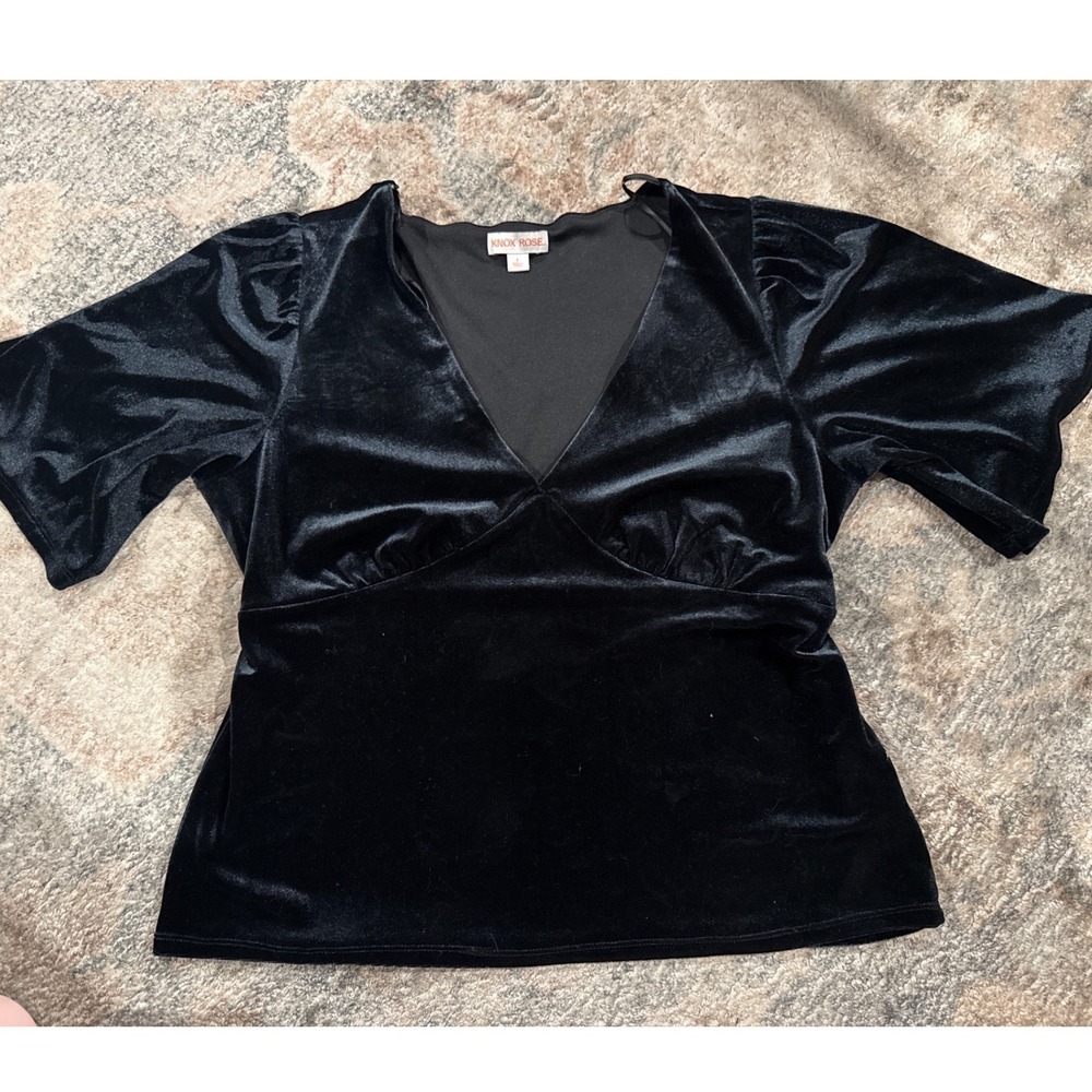 Knox Rose Womens Black Velvet V-Neck Empire Waist Flutter Sleeve Top Size L - Picture 4 of 4